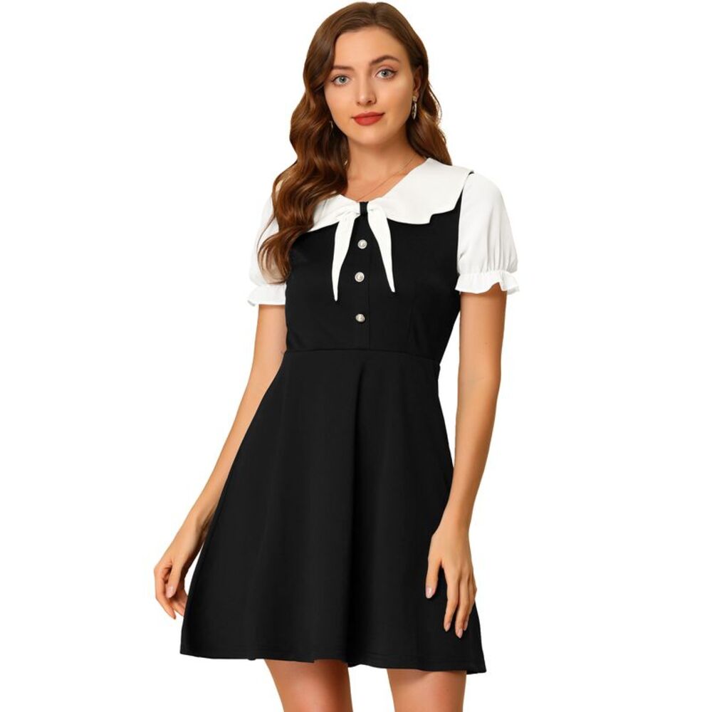 Contrast Color Peter Pan Collar Dress Black